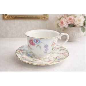 Delton Products Floral Teacup & Saucer Gold Trim Cottagecore Fine Collectables